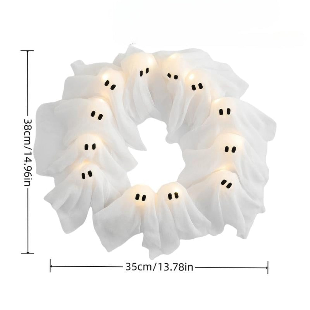 Halloween Wreath with Lights, Ghost Wreath with 12 Battery Operated LED Ghosts, Halloween Front Door Decor, Halloween Window Decor