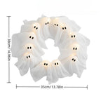Halloween Wreath with Lights, Ghost Wreath with 12 Battery Operated LED Ghosts, Halloween Front Door Decor, Halloween Window Decor