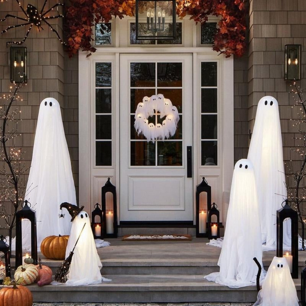 Halloween Wreath with Lights, Ghost Wreath with 12 Battery Operated LED Ghosts, Halloween Front Door Decor, Halloween Window Decor