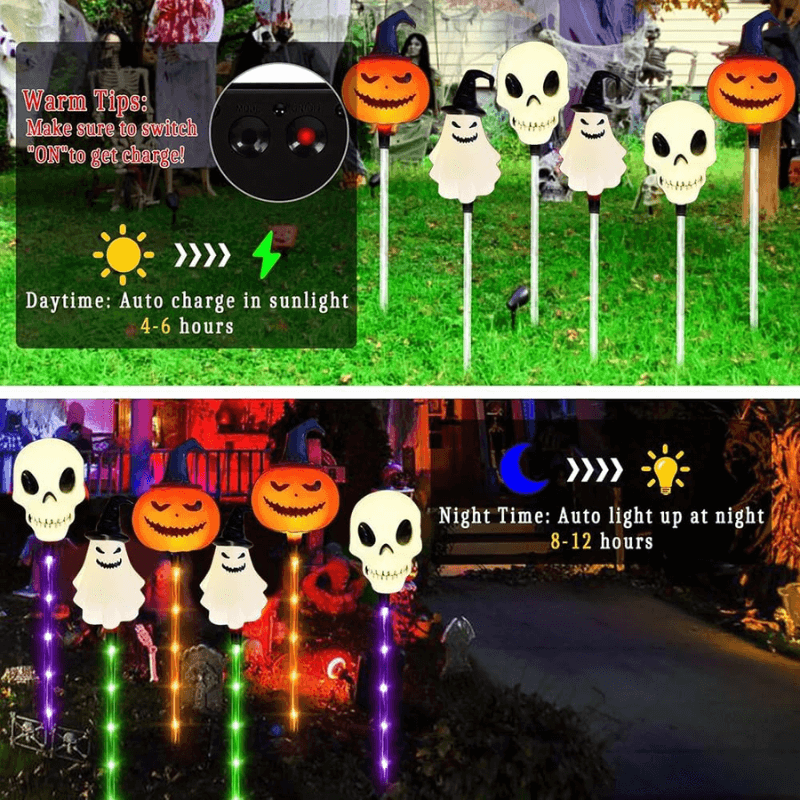 Halloween Outdoor Solar Lights 6 Pack, Solar Pathway Lights with Pumpkin Ghost and Skull Stakes, Outdoor Halloween Decor