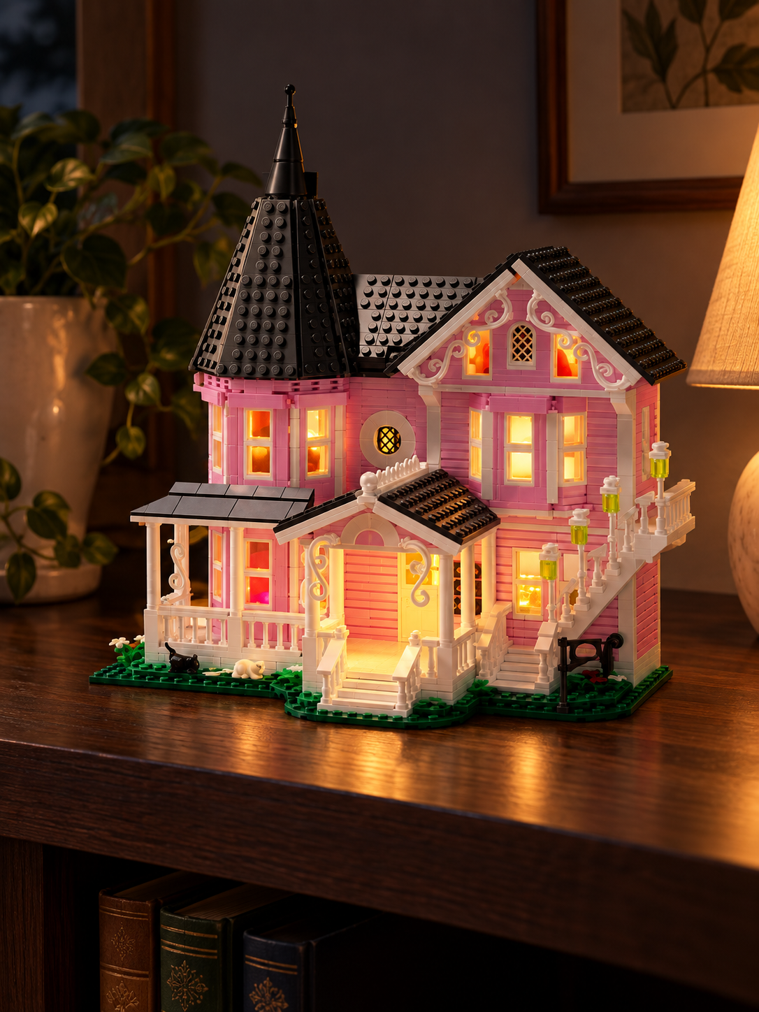 Pink Victorian LED building block house glowing on a bedroom shelf