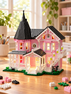 Pink Victorian LED building block house on a bright craft room table