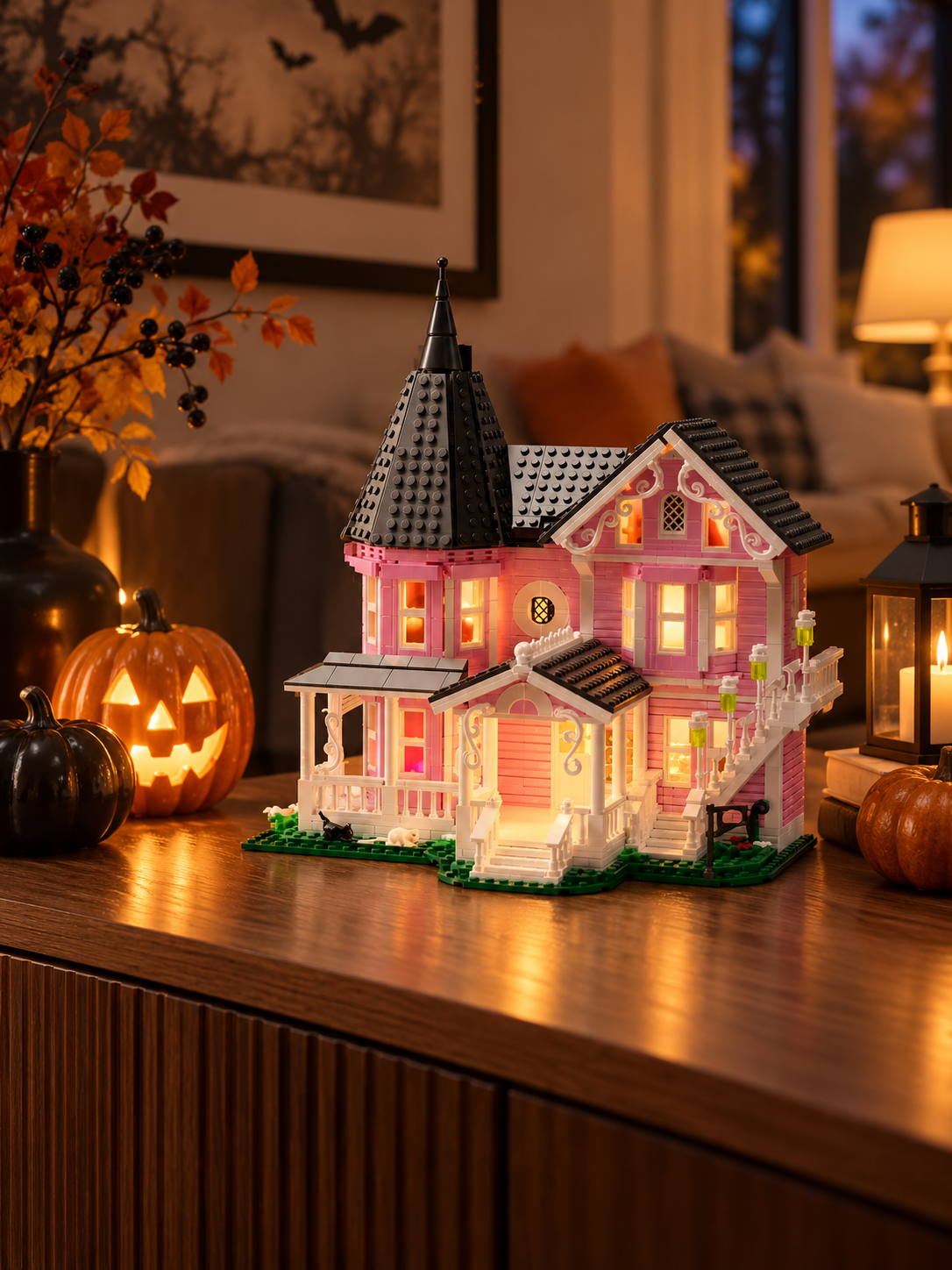 Pink Victorian LED building block house displayed in a Halloween family room