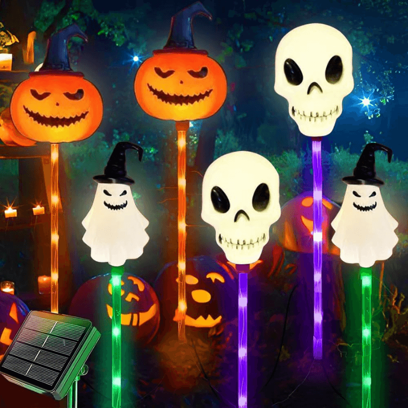 Halloween Outdoor Solar Lights 6 Pack, Solar Pathway Lights with Pumpkin Ghost and Skull Stakes, Outdoor Halloween Decor