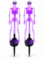 Two purple LED skeleton outdoor solar stake lights on a white background