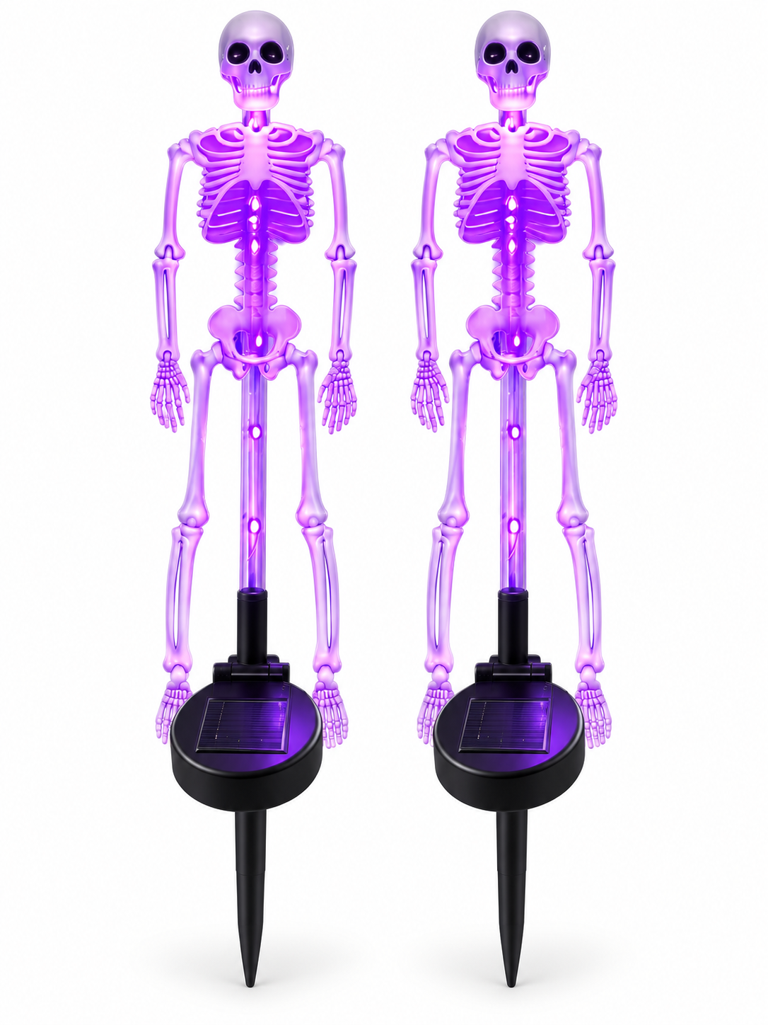 Two purple LED skeleton outdoor solar stake lights on a white background