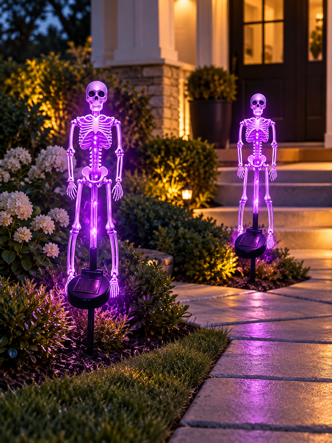Two purple LED skeleton solar stake lights along a front walkway