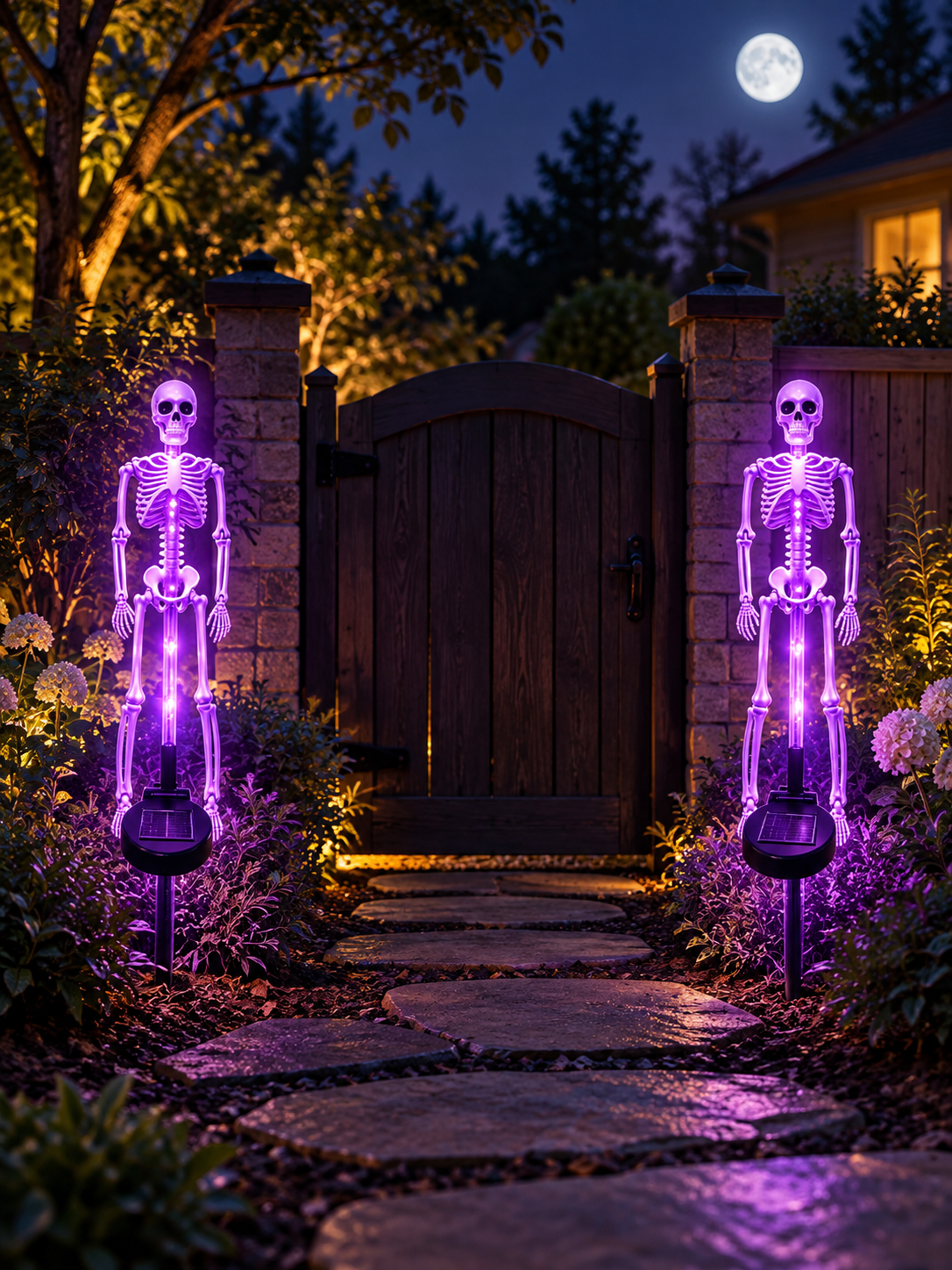 Two purple LED skeleton solar stake lights beside a backyard garden gate
