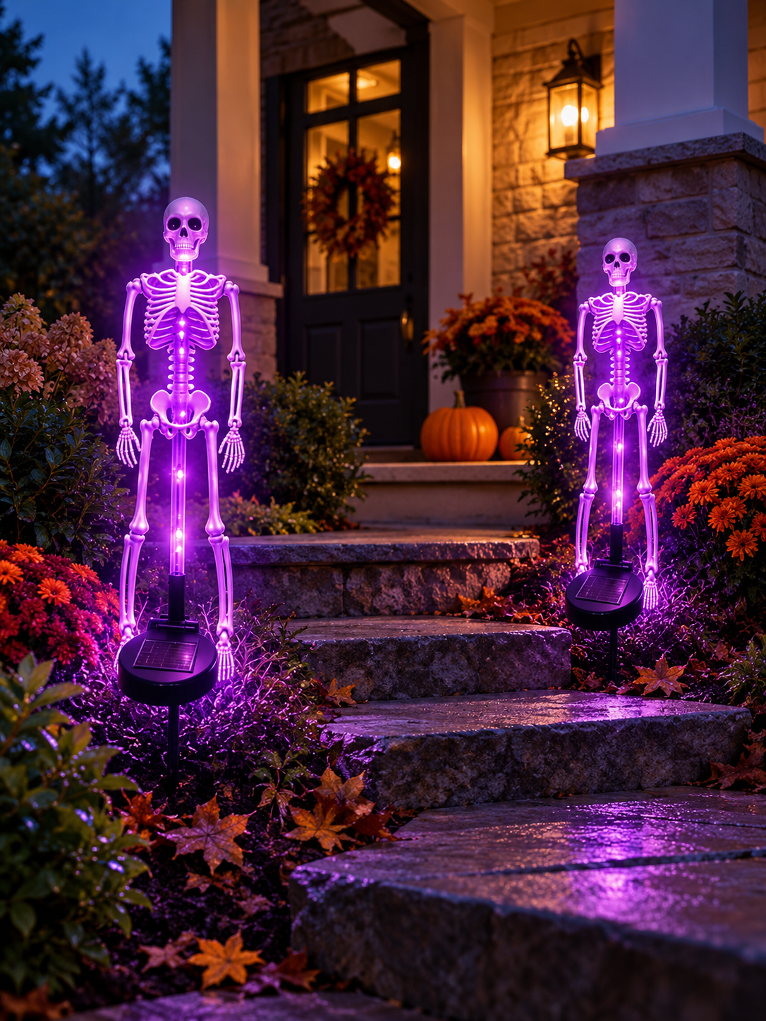 Two purple LED skeleton solar stake lights beside stone porch steps