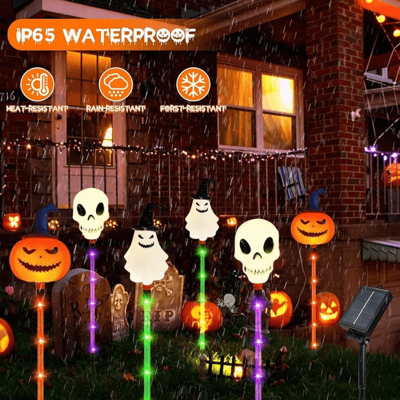 Halloween Outdoor Solar Lights 6 Pack, Solar Pathway Lights with Pumpkin Ghost and Skull Stakes, Outdoor Halloween Decor