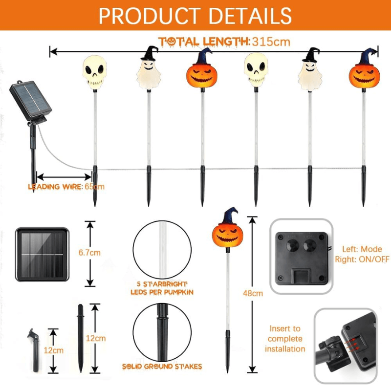 Halloween Outdoor Solar Lights 6 Pack, Solar Pathway Lights with Pumpkin Ghost and Skull Stakes, Outdoor Halloween Decor