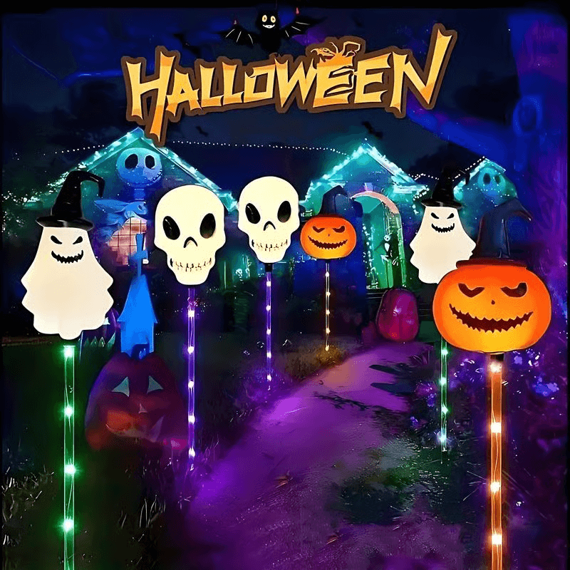 Halloween Outdoor Solar Lights 6 Pack, Solar Pathway Lights with Pumpkin Ghost and Skull Stakes, Outdoor Halloween Decor