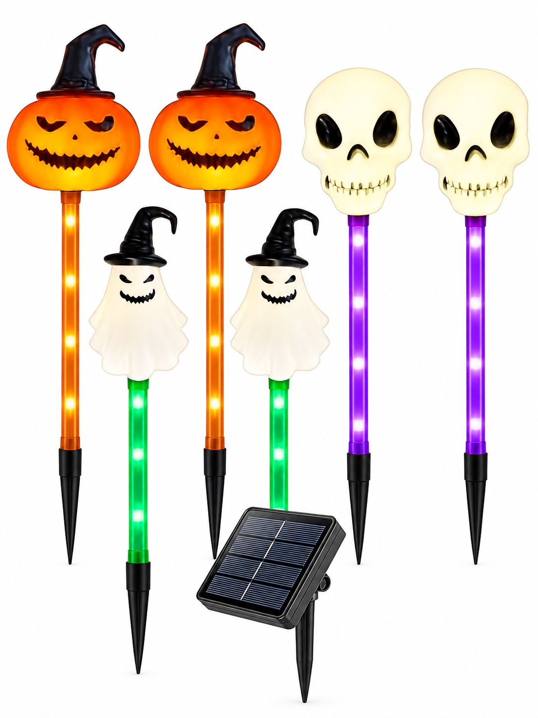 Six Halloween solar pathway lights with pumpkins ghosts skulls and panel on a white background