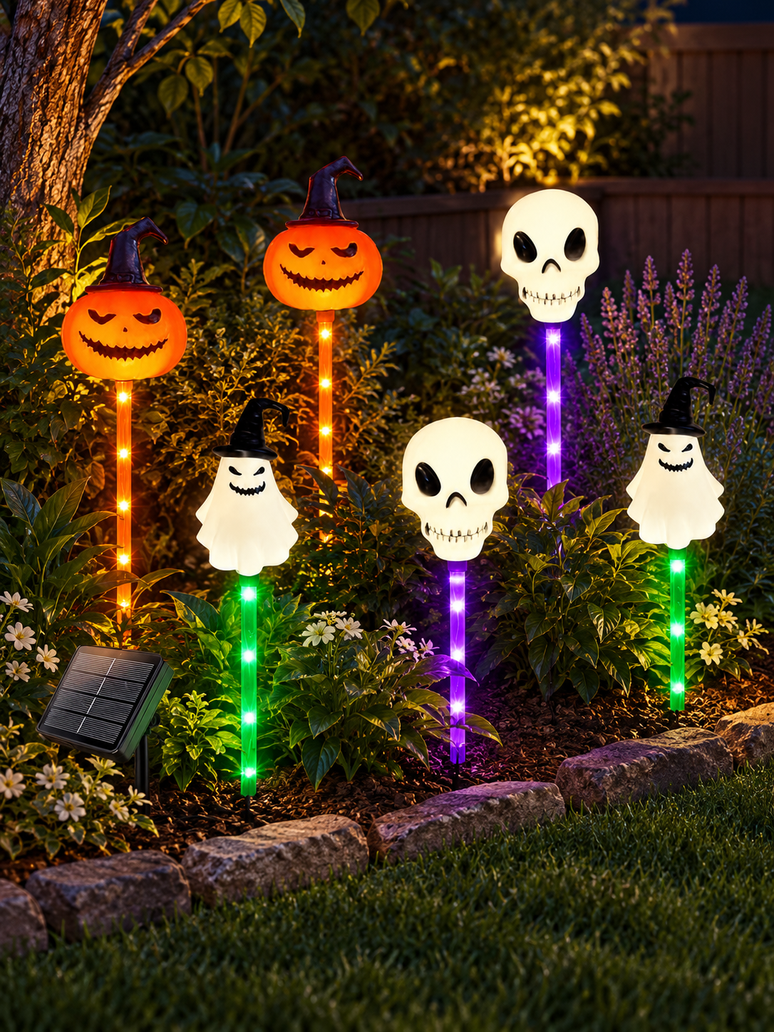 Six Halloween solar pumpkin ghost and skull pathway lights in a backyard garden