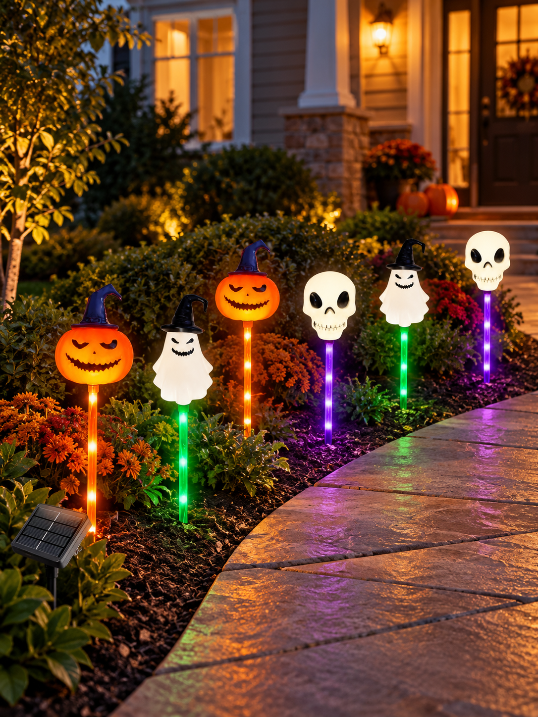 Six Halloween solar pumpkin ghost and skull pathway lights along a front walkway