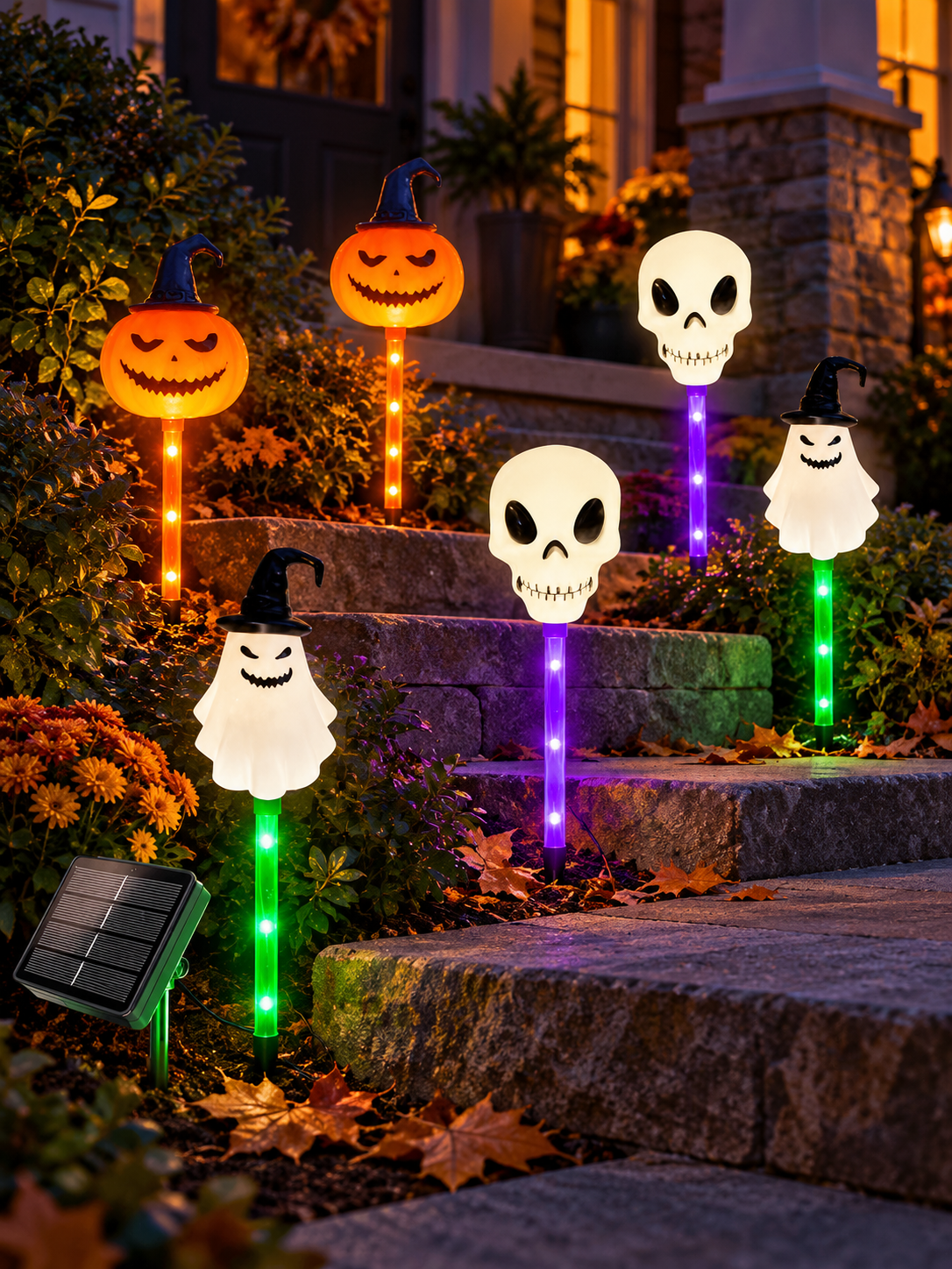 Six Halloween solar pumpkin ghost and skull pathway lights beside porch steps