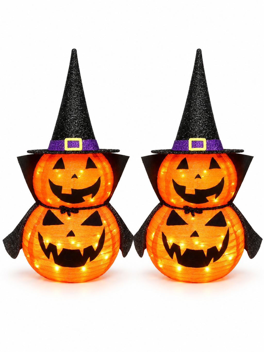 Two matching illuminated stacked jack-o-lantern decorations on a white background