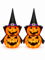 Two matching illuminated stacked jack-o-lantern decorations on a white background