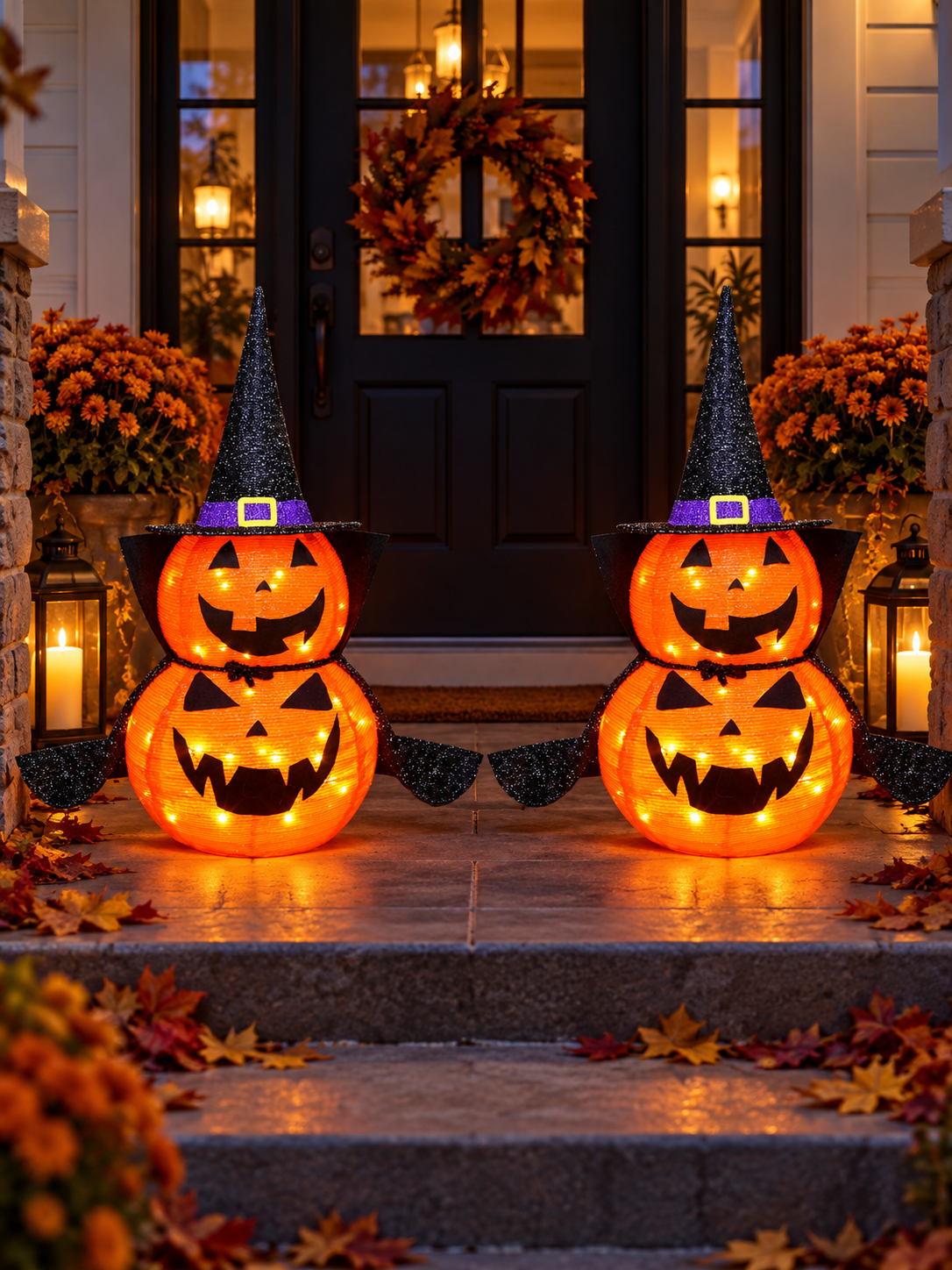 Two illuminated stacked jack-o-lantern decorations flanking a front porch