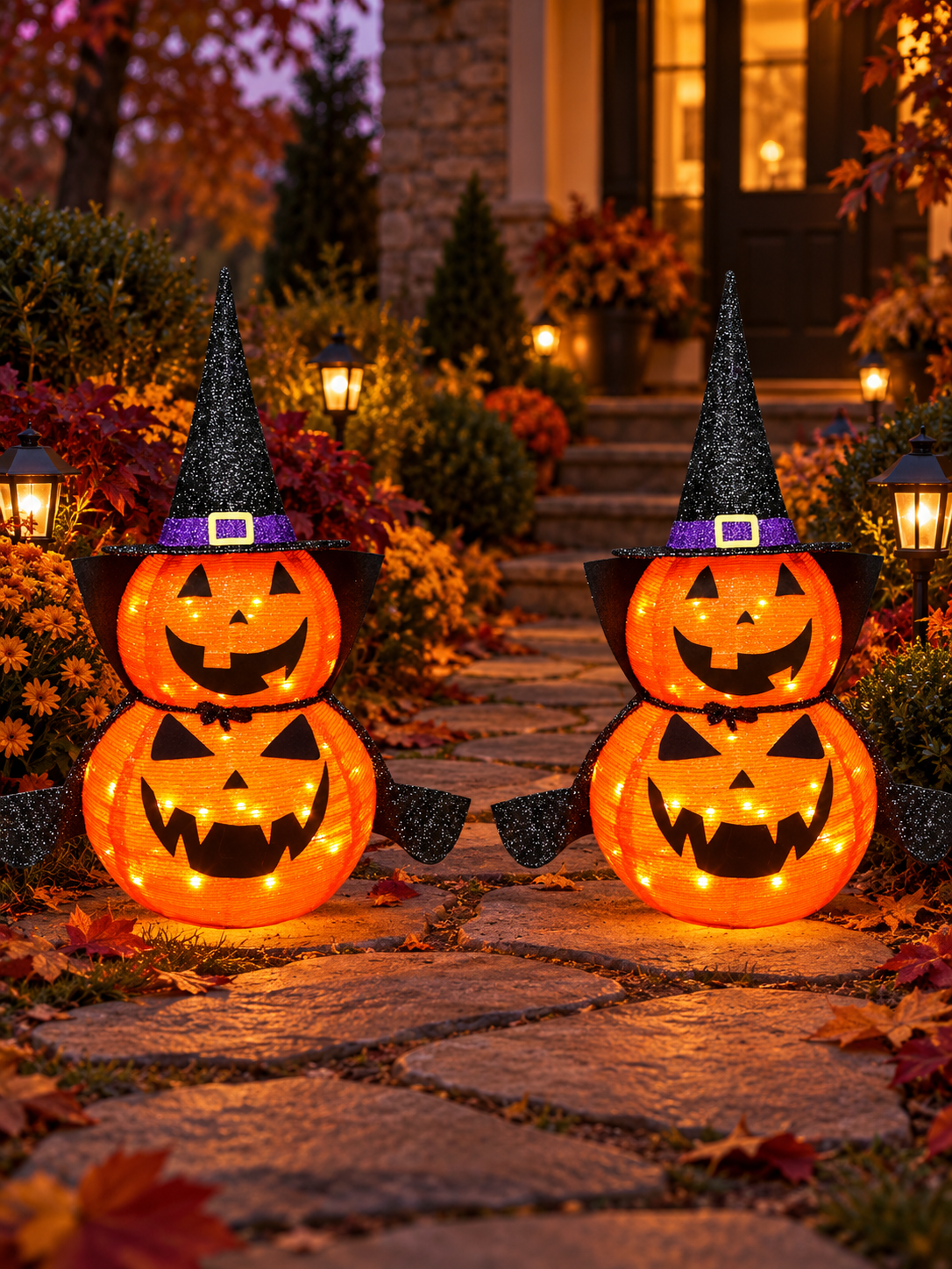 Two illuminated stacked jack-o-lantern decorations along an autumn garden path