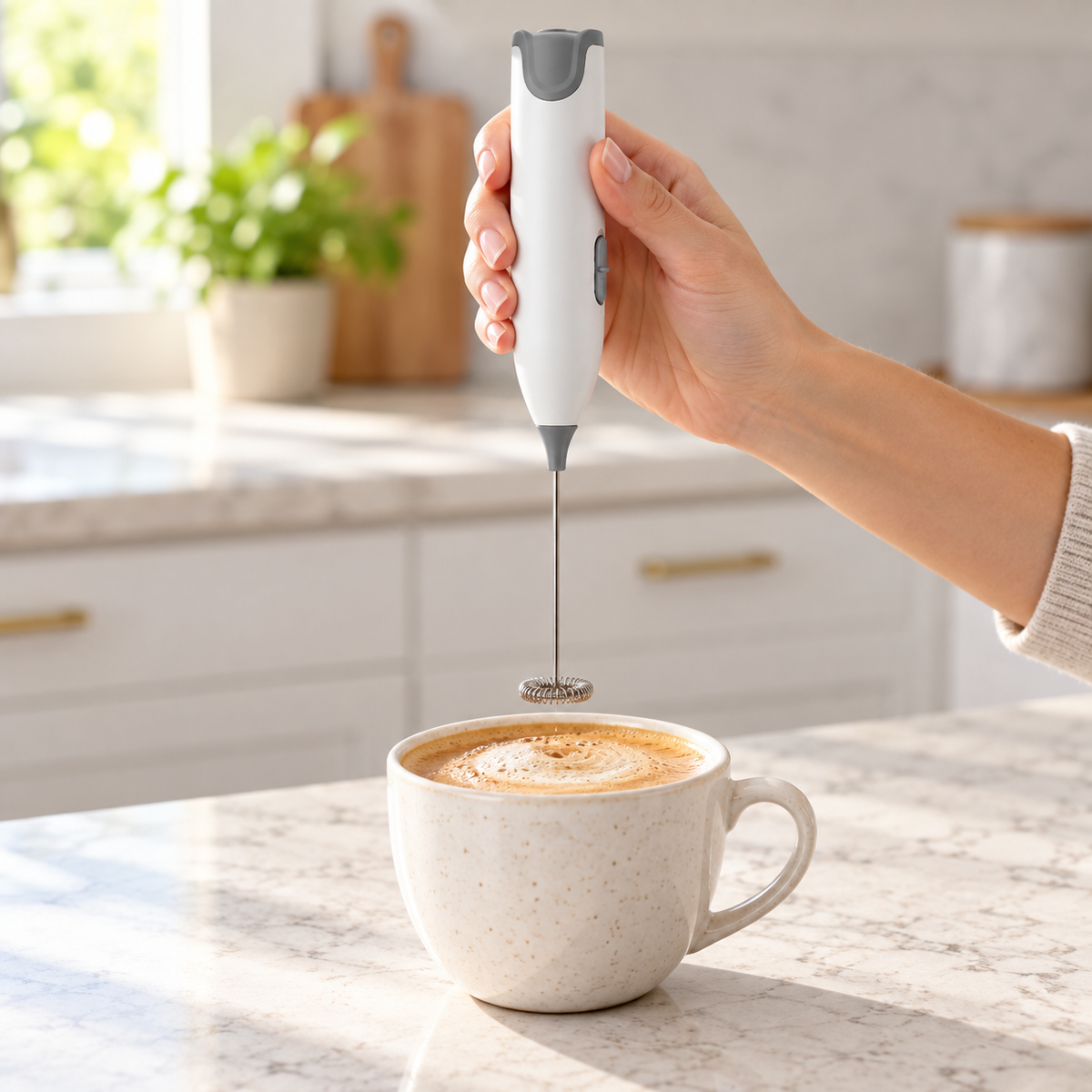 Handheld Electric Milk Frother held above a foamy coffee in a bright kitchen