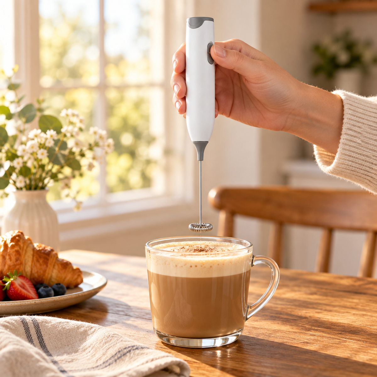 Handheld Electric Milk Frother held above coffee at a warm breakfast table