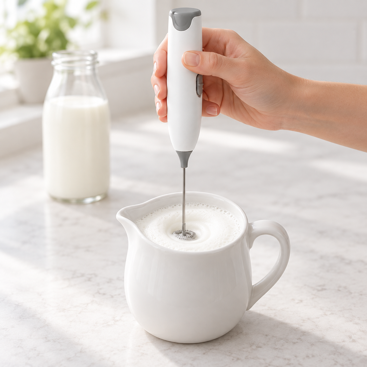 Handheld Electric Milk Frother creating foam in plain milk