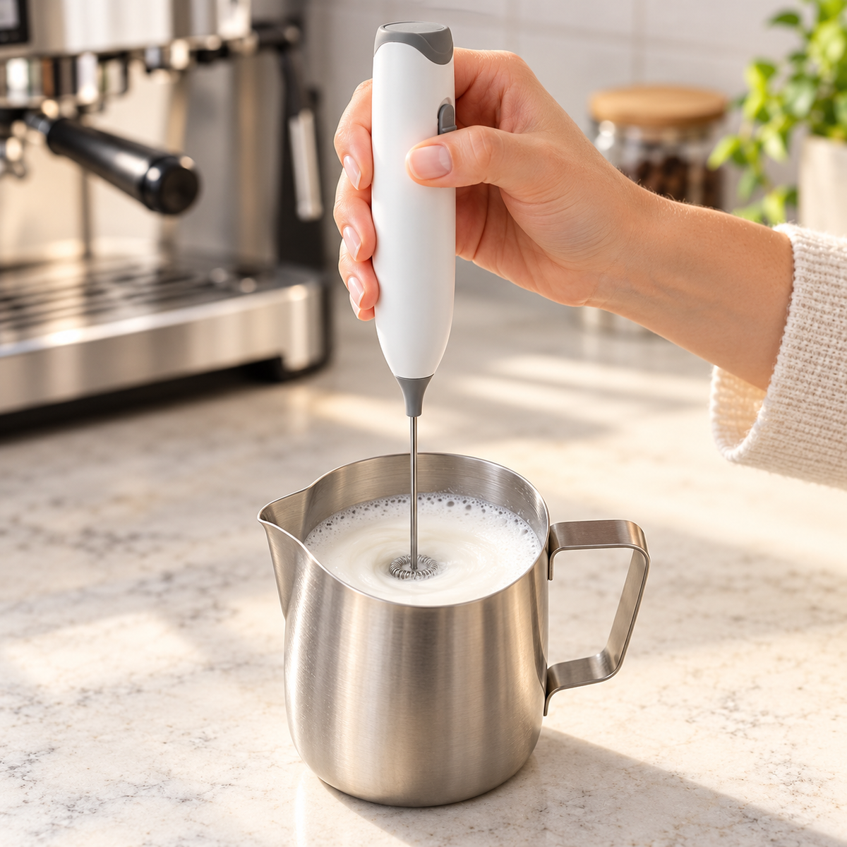 Handheld Electric Milk Frother actively frothing milk in a stainless steel pitcher