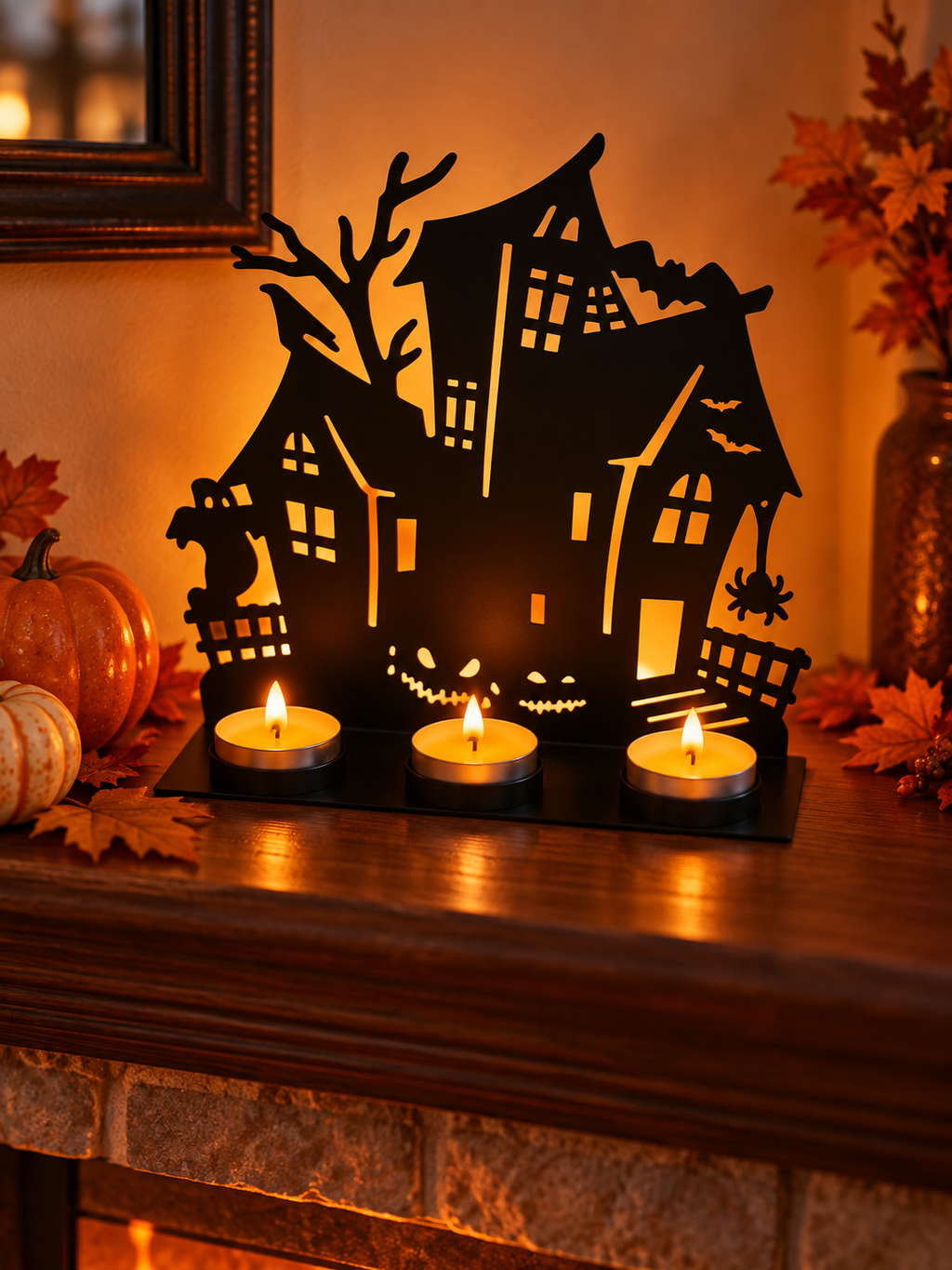 Haunted house metal tealight holder glowing on a fireplace mantel