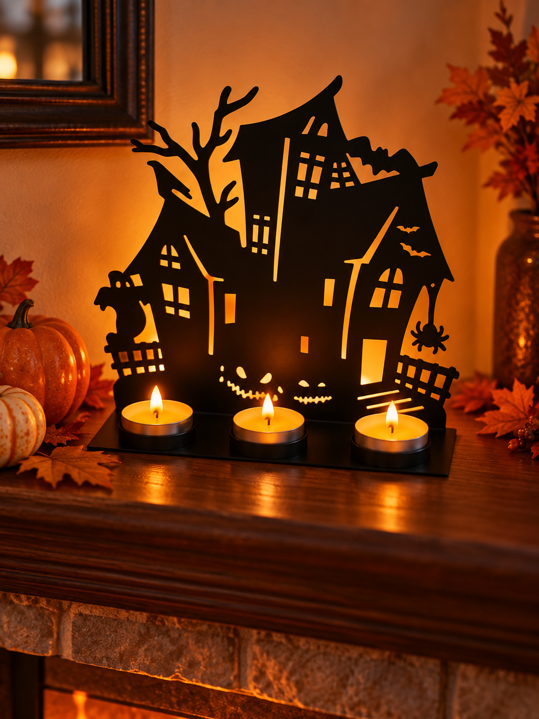 Haunted house metal tealight holder glowing on a fireplace mantel