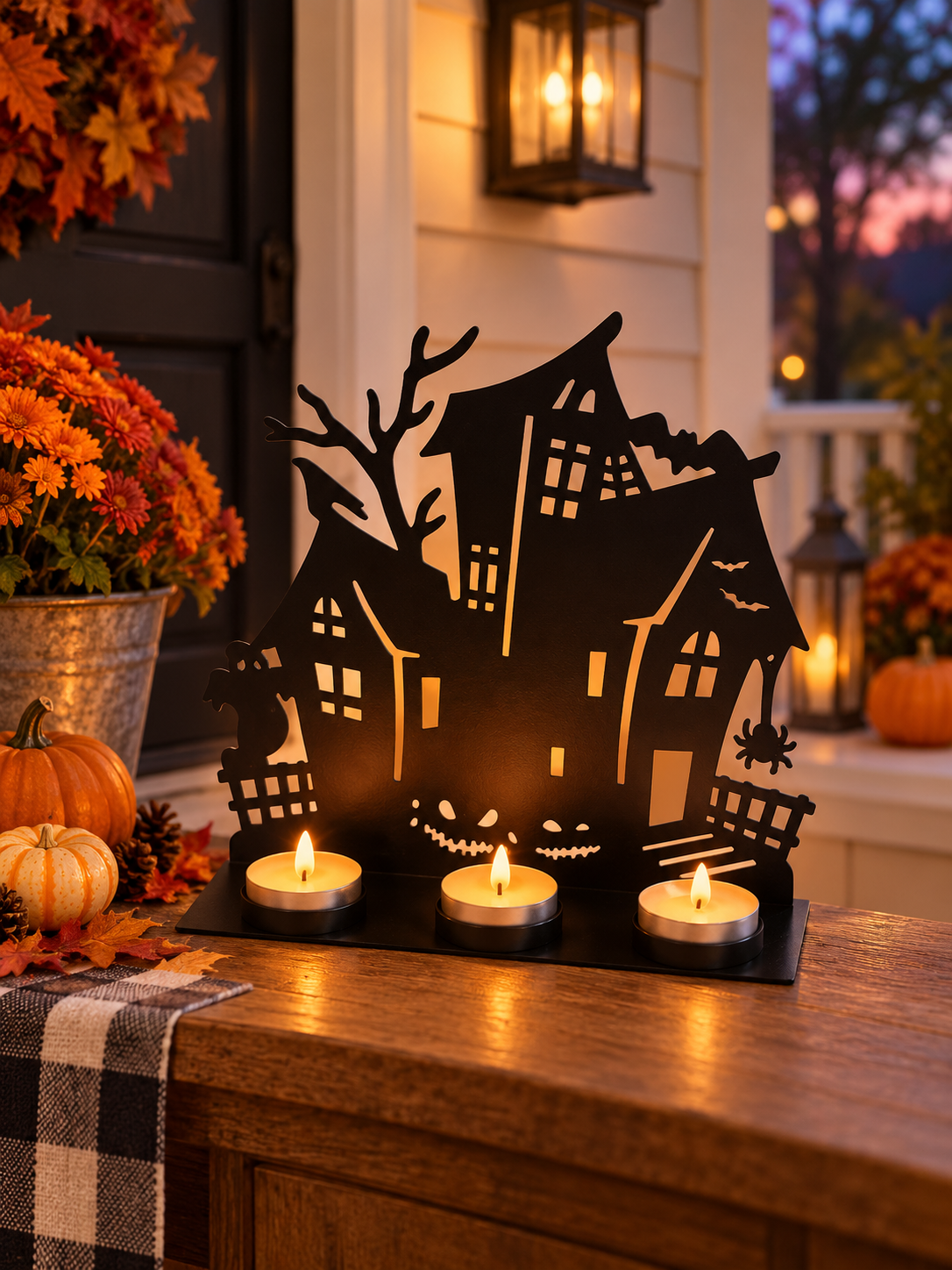 Haunted house metal tealight holder displayed on a covered porch
