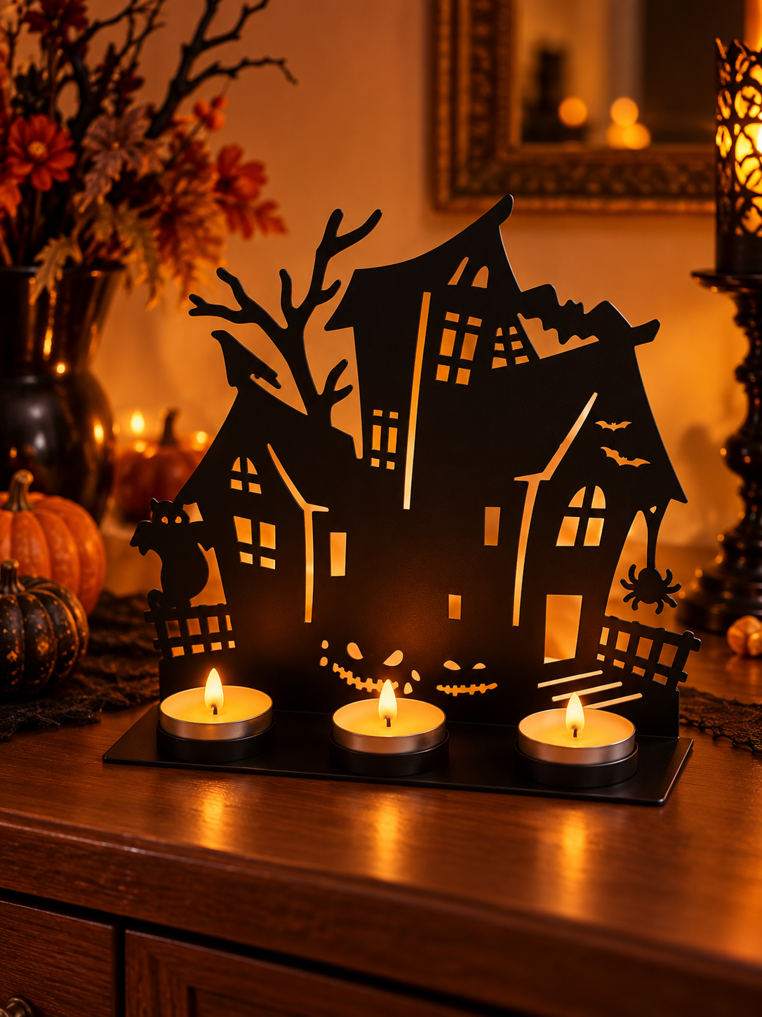 Haunted house metal tealight holder on a Halloween dining sideboard