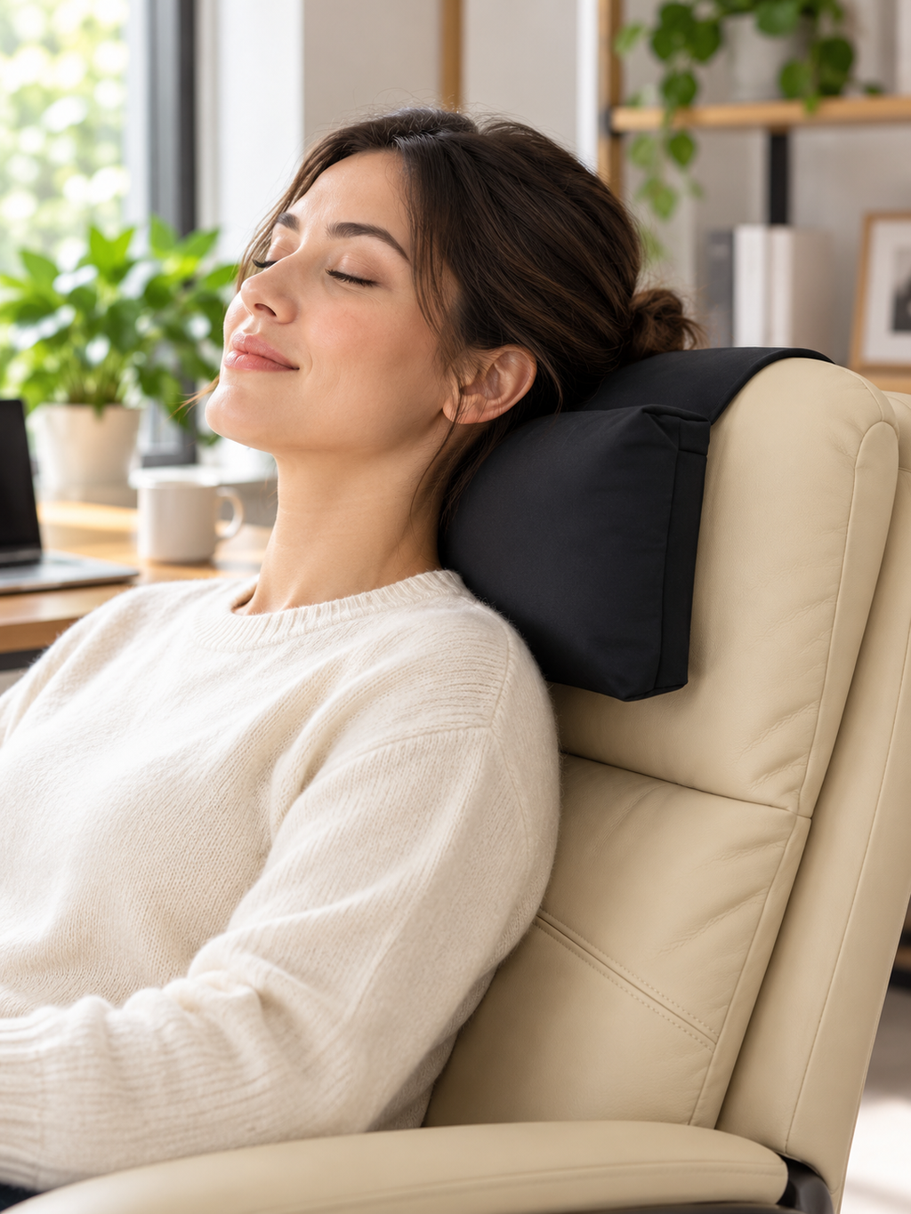 Black headrest pillow supporting an adult in a modern office chair