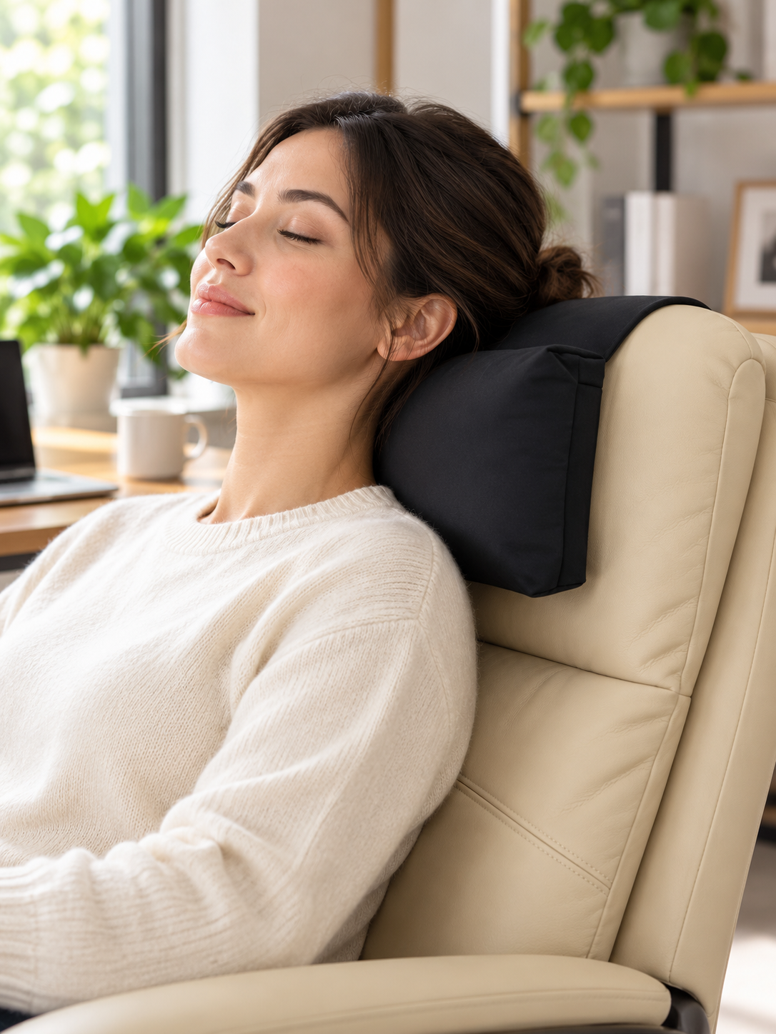 Black headrest pillow supporting an adult in a modern office chair