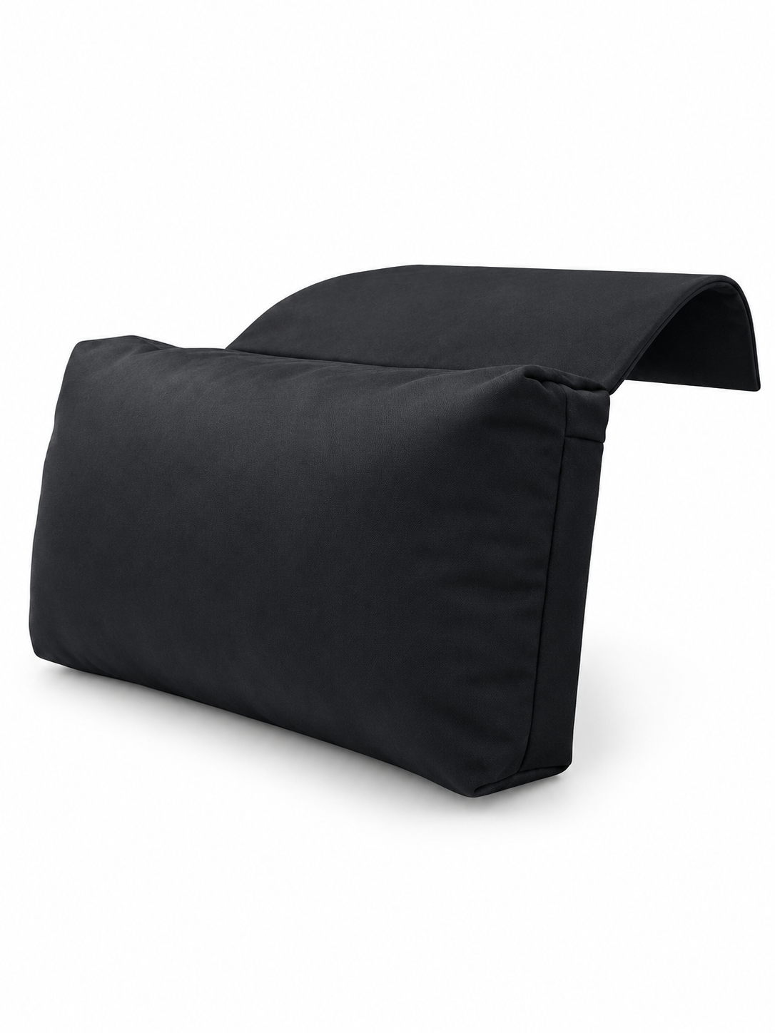 Black headrest pillow with non-slip flap on a seamless white background