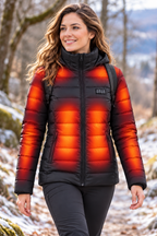 USB Heated Hooded Jacket with Heating Zones in use with illustrative red and orange heat effect