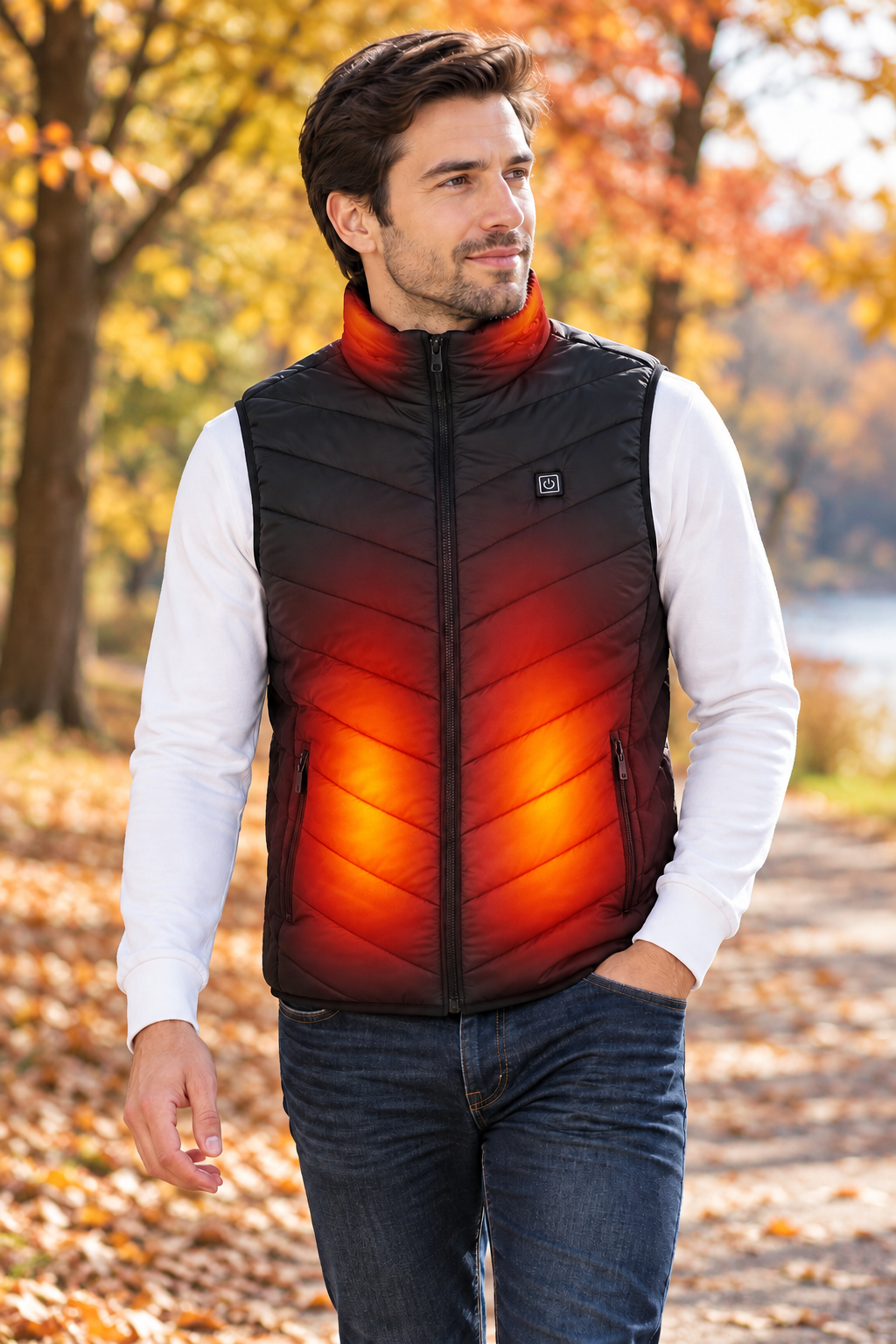 Men's 9-Zone USB Heated Vest with Adjustable Heat in use with illustrative red and orange heat effect