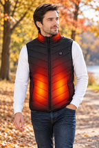 Men's 9-Zone USB Heated Vest with Adjustable Heat in use with illustrative red and orange heat effect