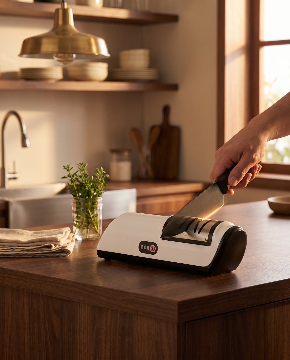 Electric Kitchen Knife Sharpener in use, sharpening a chef's knife on a kitchen island