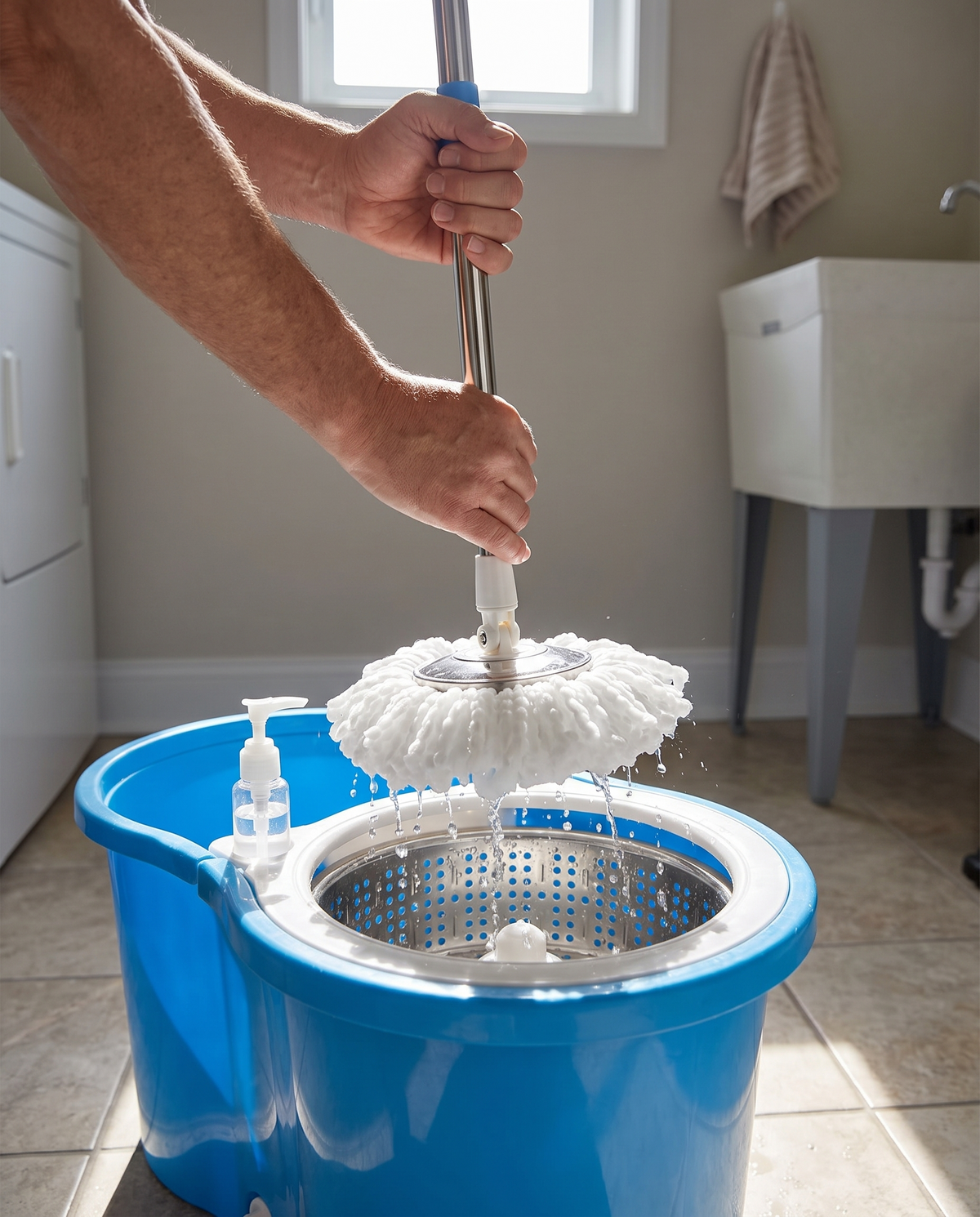 Sturdy Stainless Steel Spin Mop and Bucket Set in use