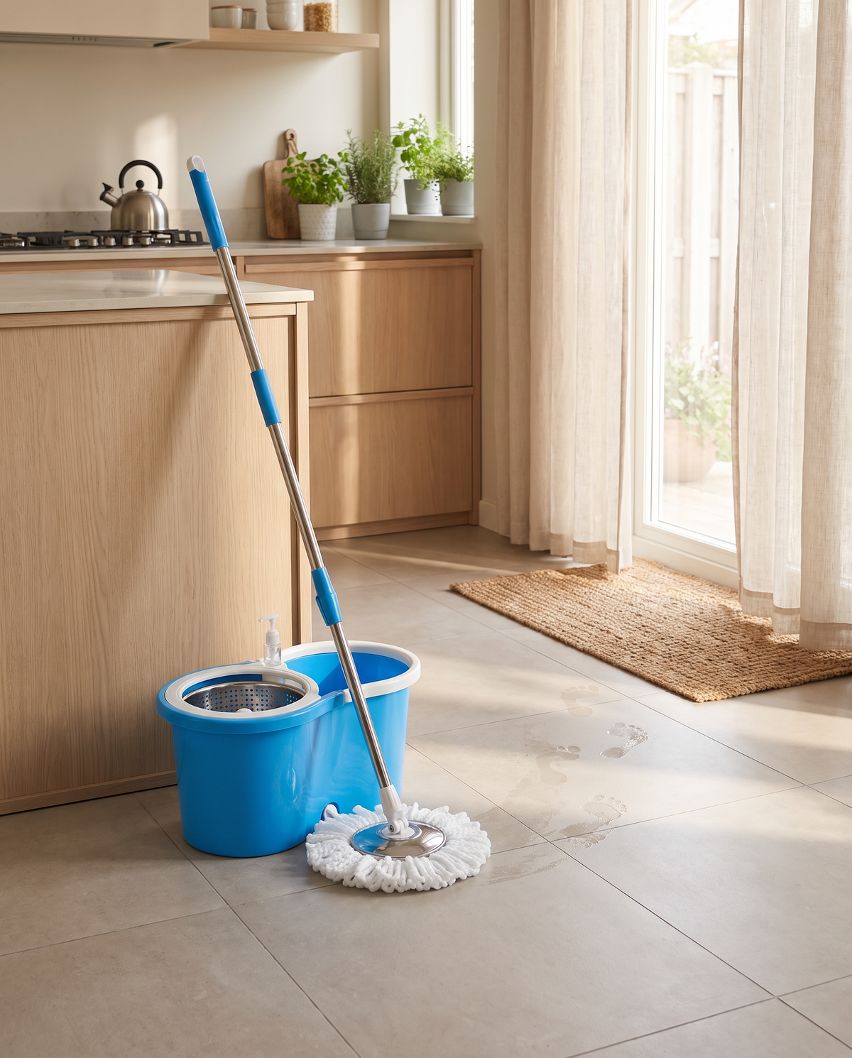 Sturdy Stainless Steel Spin Mop and Bucket Set in use