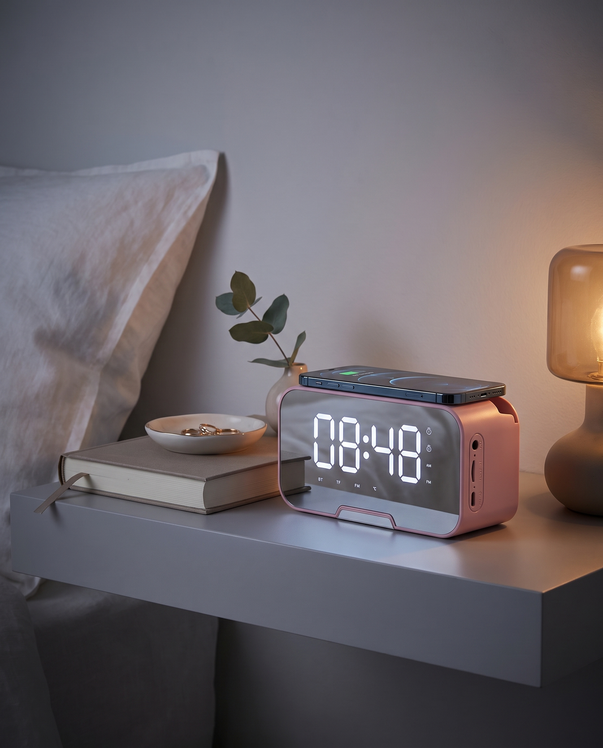 All-In-One LED Wireless Digital Alarm Clock in use
