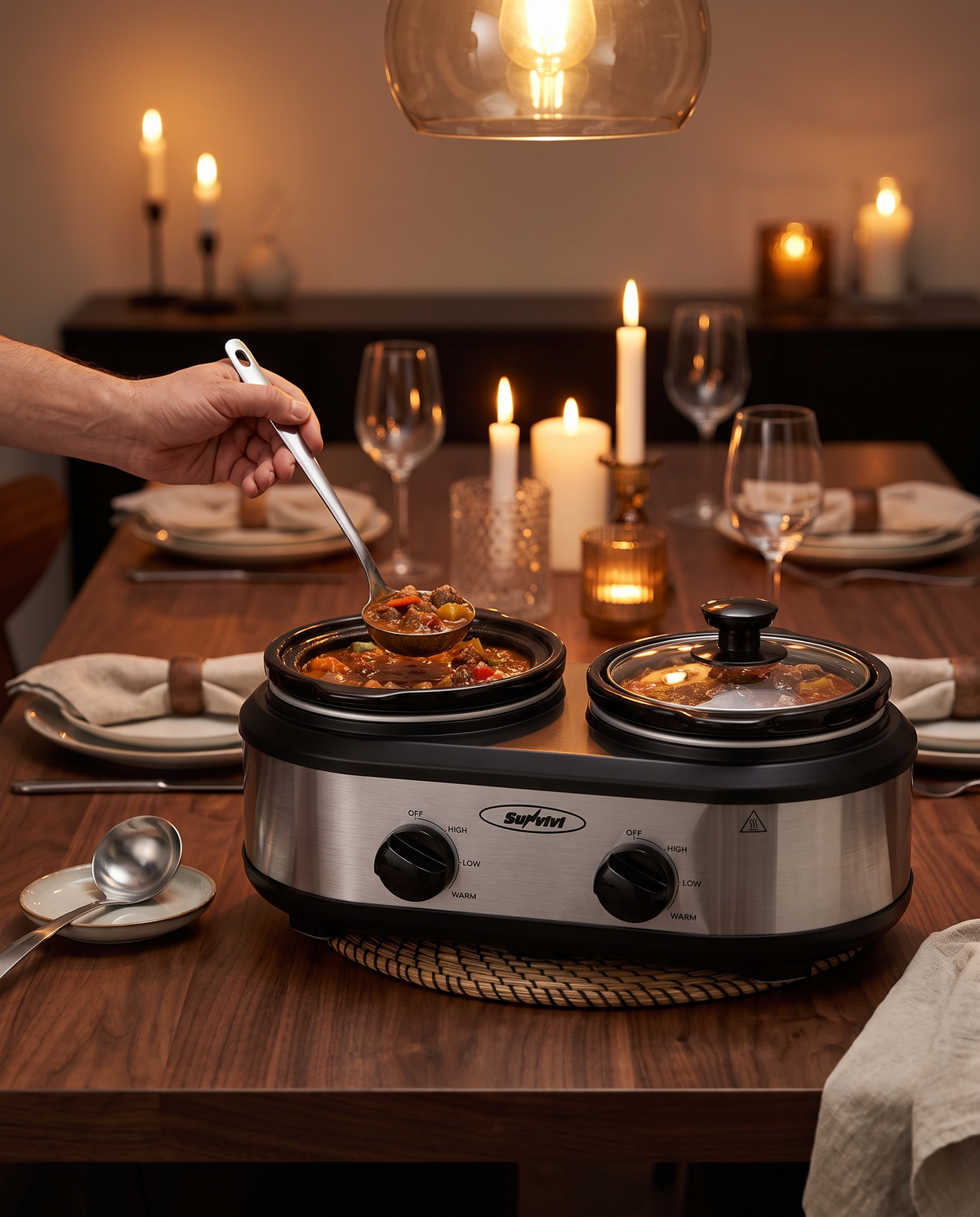 Slim-Profile Adjustable Stainless Steel Programmable Slow Cooker in use