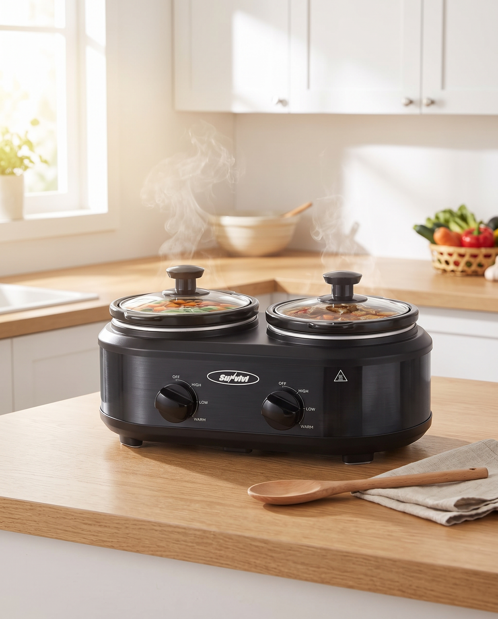 Slim-Profile Adjustable Stainless Steel Programmable Slow Cooker in use