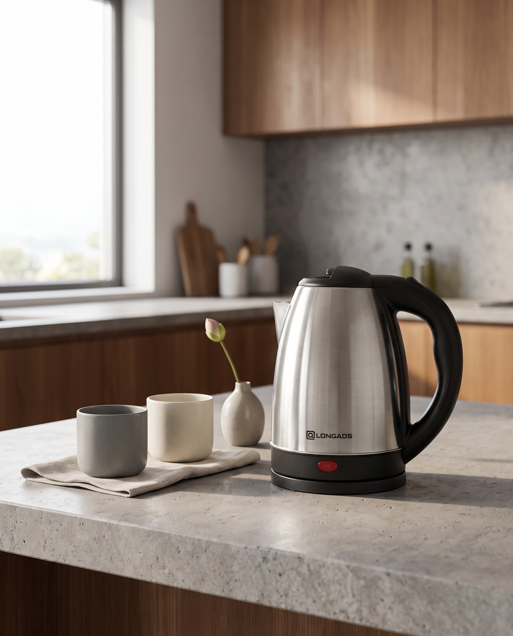 Minimalist Stainless Steel Electric Kettle in use
