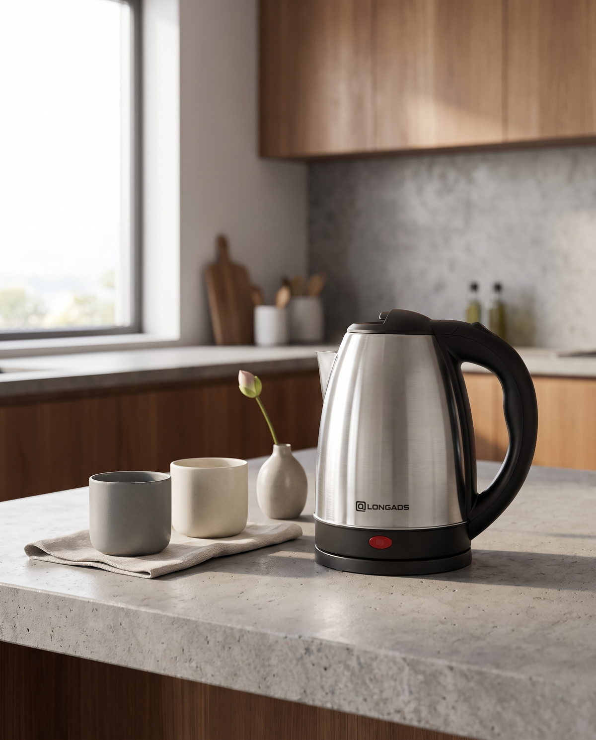 Minimalist Stainless Steel Electric Kettle in use
