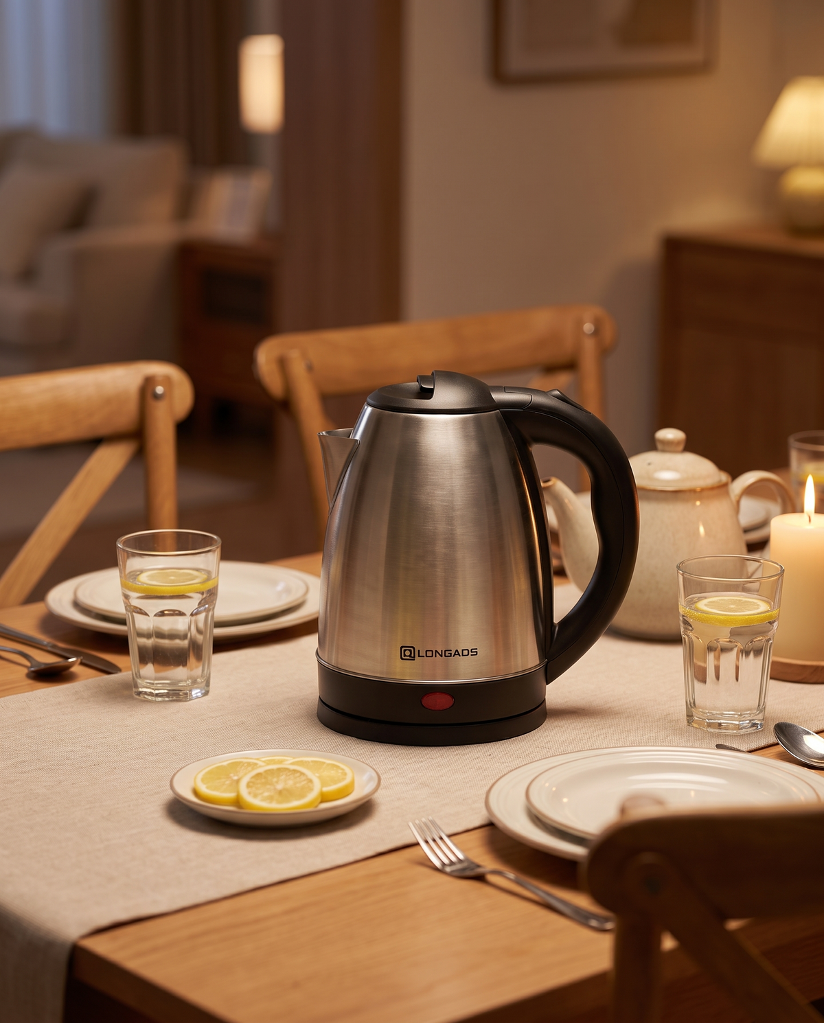 Minimalist Stainless Steel Electric Kettle in use
