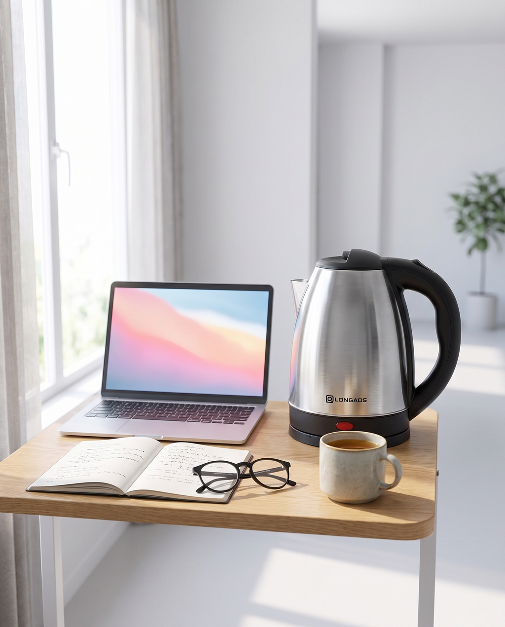 Minimalist Stainless Steel Electric Kettle in use