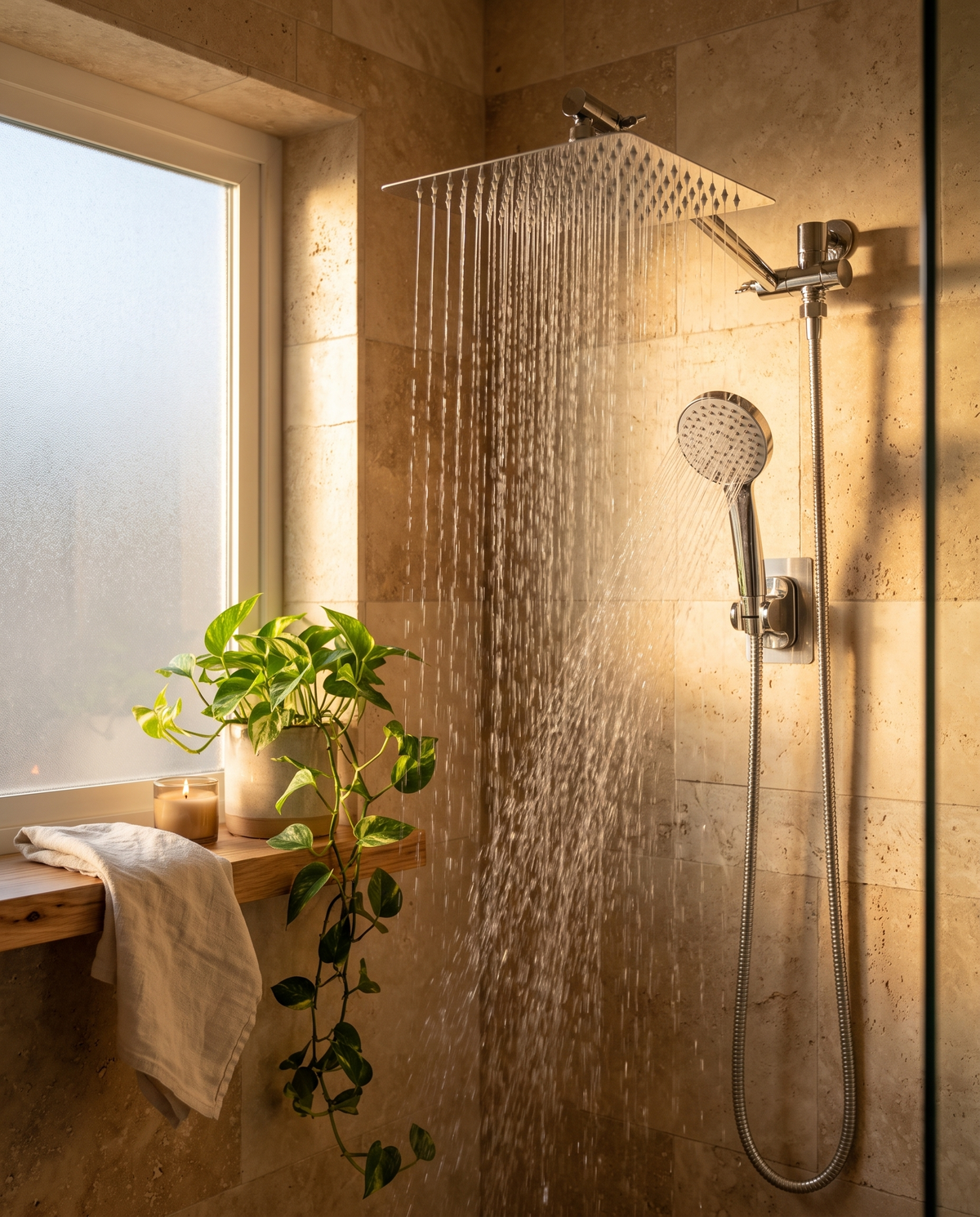 Handheld shower head combo in use in a spa-style stone shower, golden hour