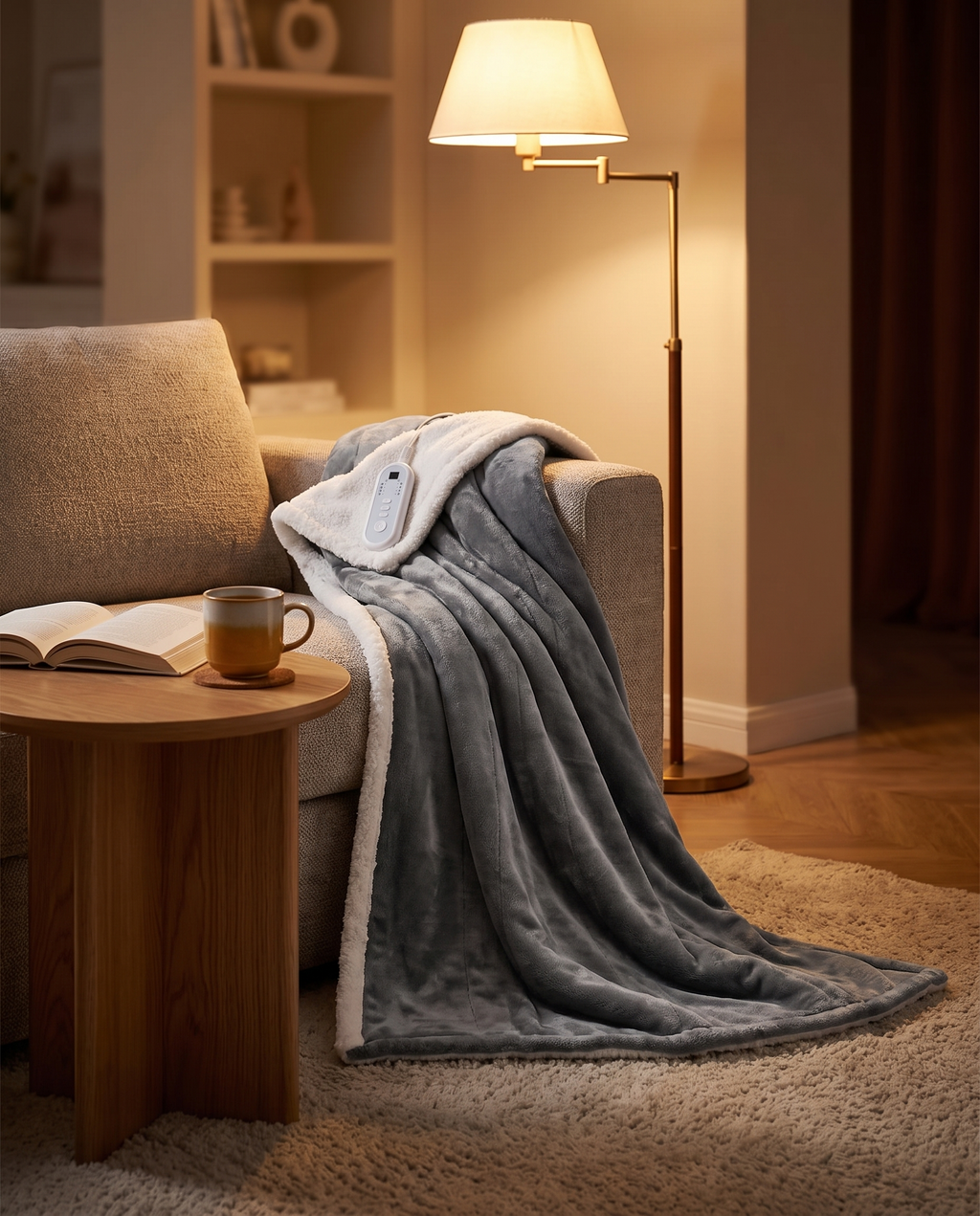Electric heated blanket in use in a cozy living room, evening